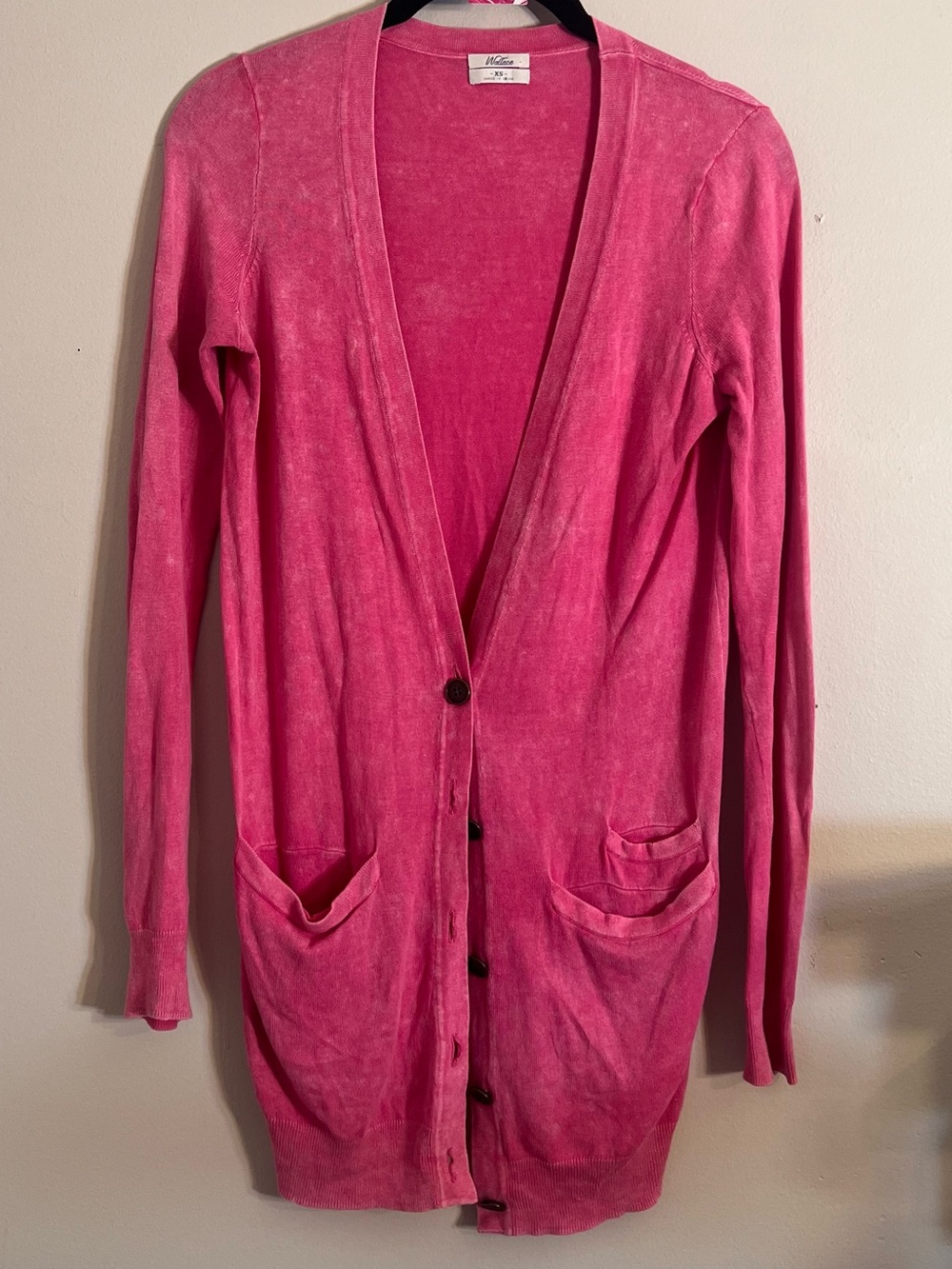 Washed Pink Longline Button Cardigan - Slim Open-Front Layering Sweater